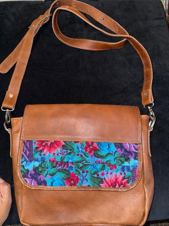 Handmade Handbags - Tan Leather Crossbody Bag with Colorful Floral Panel